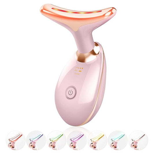 Face Light Therapy Device, Based on Triple Action LED, Thermal, and Vibration Technologies, Face and Neck Beauty Device with 7 Color LED for Home Use, Improve Skin(Glossy Pink)