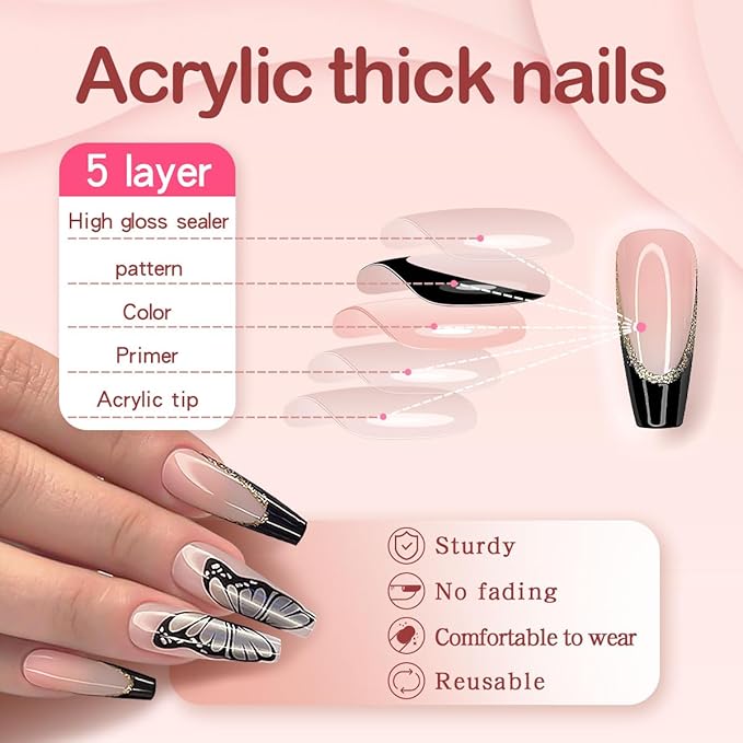 Yivaiks 24 Pcs Black French Tip Press on Nails Long Coffin Nails,Fake Nails with Nail Glue on Nails for Women,Ballerina Butterfly Sequin Acrylic Nails French Tip Nails