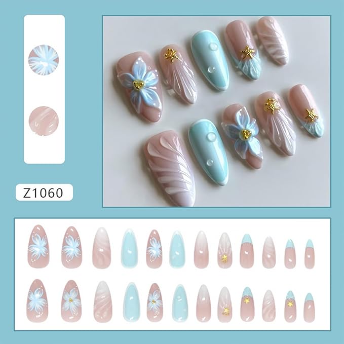 24Pcs Blue Flower Press on Nails Medium Almond French Tip Fake Nails with Gold Starfish Rhinestones Design 3D Ripple False Nails Full Cover Artificial Glue on Nails Summer Stick on Nails for Women DIY