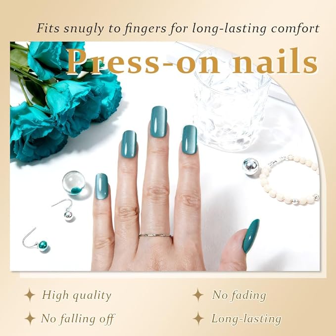 Light Cyan Cat Eye Press on Nails Medium Square, Medium Square Press Glue on Nails Chrome for Women Gift, Green Holographic Glitter Glossy Reusable Gel Acrylic Fake Nail with Designs Cateye Effect