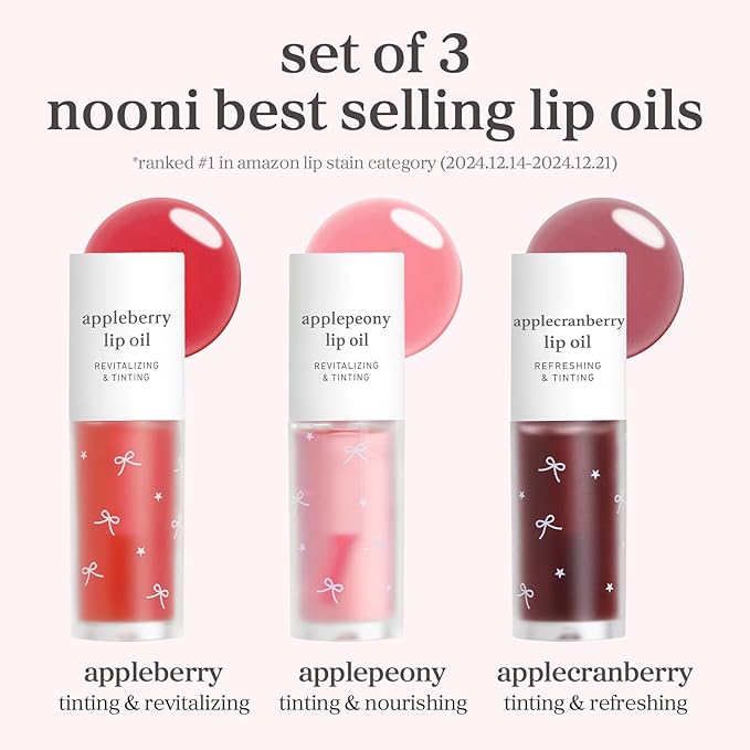 NOONI Korean Lip Oil Stain Set - Appleseed Lip Oil Trio | 2025 Holiday Ribbon Limited Edition, Korean Lip Stain Long Lasting, Stocking Stuffers, Teen Girl Gifts Stuff, lip plumper 0.12 Fl. Oz. x 3ea