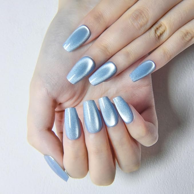 evpct Light Blue Cat Eye Coffin Press on Nails Square Medium, Medium Square Glue on Nail for Women, Light Blue Metallic Glitter Glossy Reusable Summer Soft Gel Press on Acrylic Fake Nail with Designs