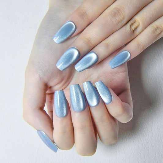 evpct Light Blue Cat Eye Coffin Press on Nails Square Medium, Medium Square Glue on Nail for Women, Light Blue Metallic Glitter Glossy Reusable Summer Soft Gel Press on Acrylic Fake Nail with Designs