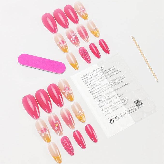 24 Pcs Pink Flower Press on Nails Medium Almond Fake Nails with 3D Shell Pearl Designs French Tip False Nails Kit Summer Beach Nails Floral Full Cover Acrylic Nail Tips Stick on Nails for Women