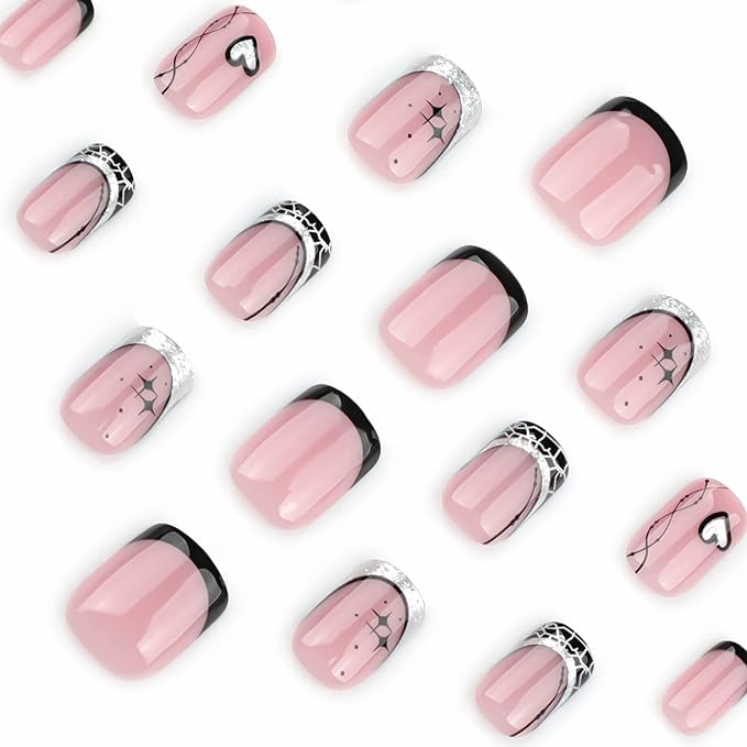 French Tip Press on Nails Short Square Fake Nails Heart Star Acrylic Nails Black False Nails Press ons Glossy Glue on Nails Stick on Nails Cute Artificial Nails for Women Girls Manicure 24Pcs