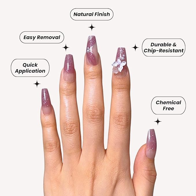 Perfect Look Press On Nails - Butter Rose | No Glue One-Day Long Coffin Fake Nails, Rose Pink Glitter Nails with Pearl - 24 Pcs Nail Kit with Adhesive Tabs
