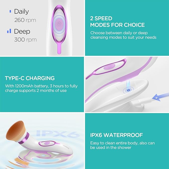 Facial Cleansing Brush-Spin Face Scrubber Exfoliator Rechargeable, 2-Speed Rotation, Electric Face Wash Brushes for Cleansing and Exfoliating, with 2 Brush Heads, Purple