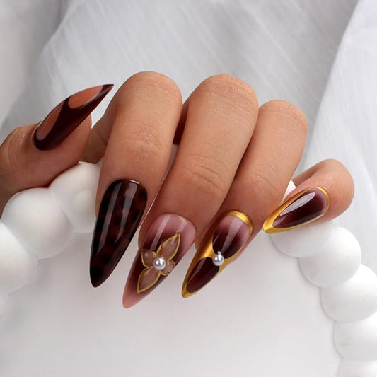 Elegant Gold and Burgundy Press-On Nails with Flower Design, Stiletto Shape, Rhinestone Accents, Reusable Full Cover Fake Nails, 24Pcs Set