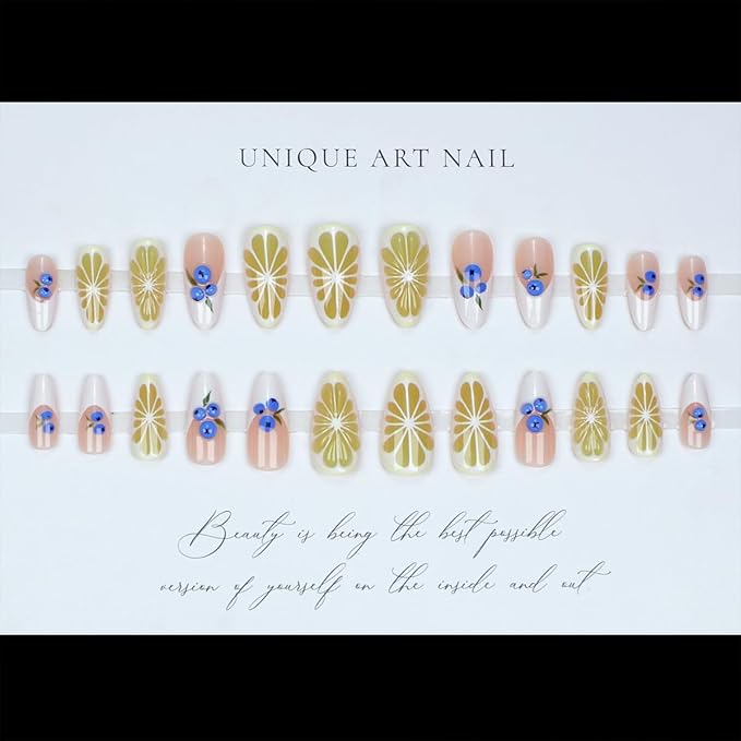 24Pcs Summer Fruit Press on Nails Almond Fake Nails Cute 3D Blueberries Lemon Design Summer False Nails Medium Reusable Fall Nails Glue on Nails Acrylic Nails for Women Manicure Decoration