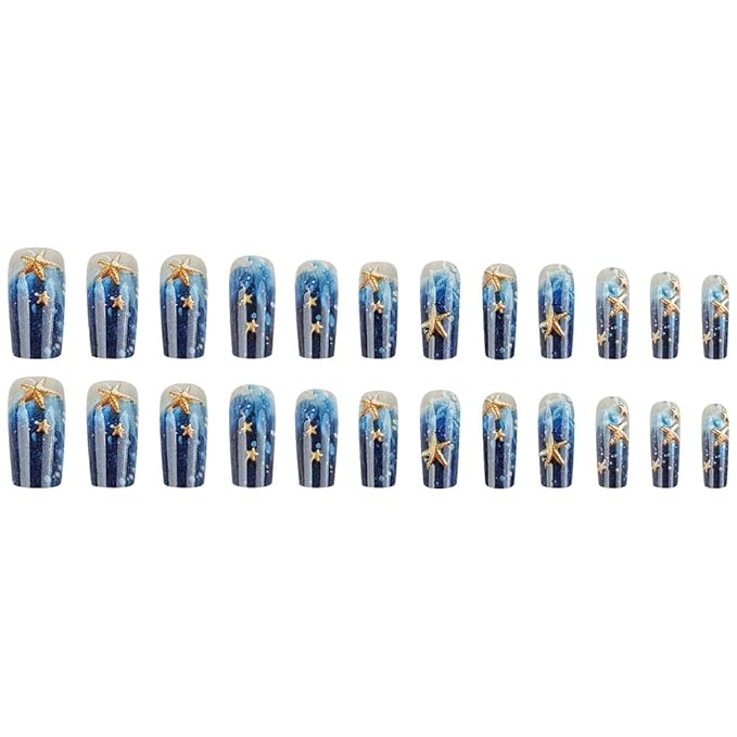 Medium Square Press on Nails Sea Blue Fake Nails 3D Starfish Acrylic Full Cover False Nails with Designs Glossy Glue on Nails Summer Beach Stick on Nails Cute Artificial Nails for Women Girls 24PCS