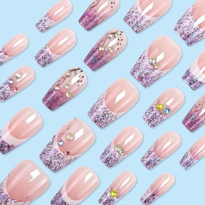 Coffin Square Press on Nails Medium Fake Nails White Purple French Tip Artificial Nails Full Cover Acrylic Glue on Nails with Glitter Designs False Nails Stick on Nails for Women Girls Manicure 24PCS