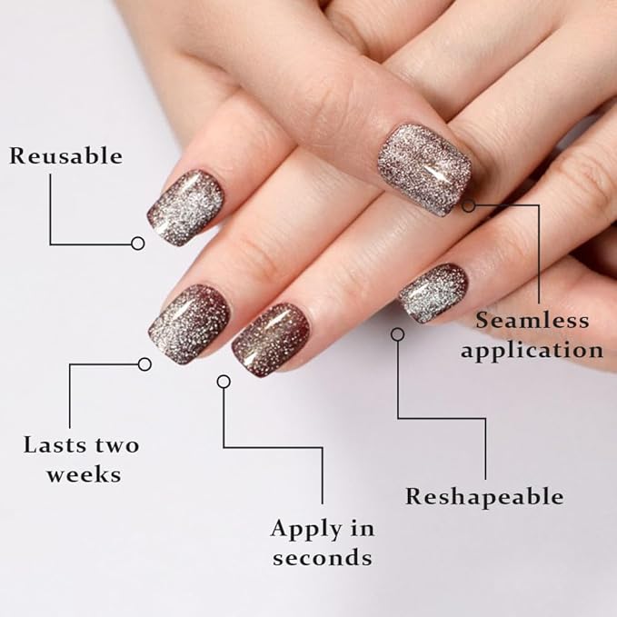 evpct Glitter Pearl Silver Cat Eye Press on Nails Square, Short Square Stick Glue on Nails for Women Gift, Glitter Metallic Shimmer Silver Reusable Gel Press on Acrylic Fake Nail with Designs