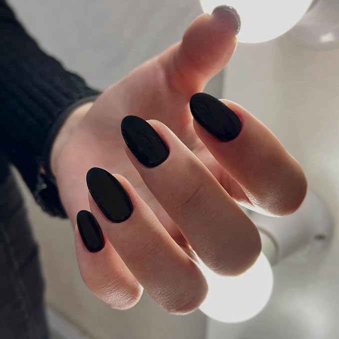 Matte Black Press on Nails Short Almond Fake Nails Press ons, Thick Solid Color Glue on Nails Short False, Medium Almond Oval Round Shaped for Women, 24Pcs Natural Acrylic Gel Nail