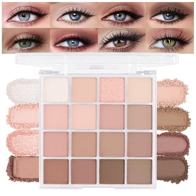 16Color Matte Shimmer Eyeshadow Palette, Natural Nude Dark Brown Champagne Gold Coffee Sparkly Eye Shadow Makeup, Warm Pastel Eyeshadows Long Lasting Waterproof Naturing-Looking Women Girls Eye Shadow