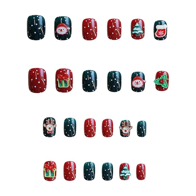 24Pcs Christmas Press on Nails Petite Short Square Fake Nails 3D Santa Claus Reindeer Design Winter Glue on Nails Xmas Tree Rhinestones Full Cover False Nail Cute Artificial Acrylic Nail Supplies Kit