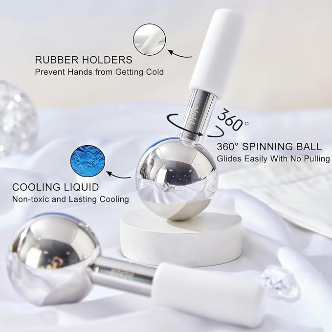 Pfefe 360 Rotating Ice Globes for Face & Eyes, Unbreakable Stainless Steel Cryo Sticks for Beauty Routines, Facials Cold Roller Colling Globes for Puffiness, Wrinkles, Dark Circles, Headaches