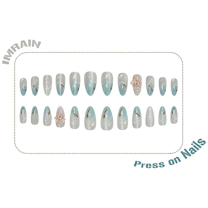 IMRAIN Almond Press on Nails Medium Fake Nails with Cat's Eye Designs Blue Gradient Acrylic Nails Press on Full Cover Glossy Glue on Nails Summer 3D Flower Artificial False Nails 24Pcs