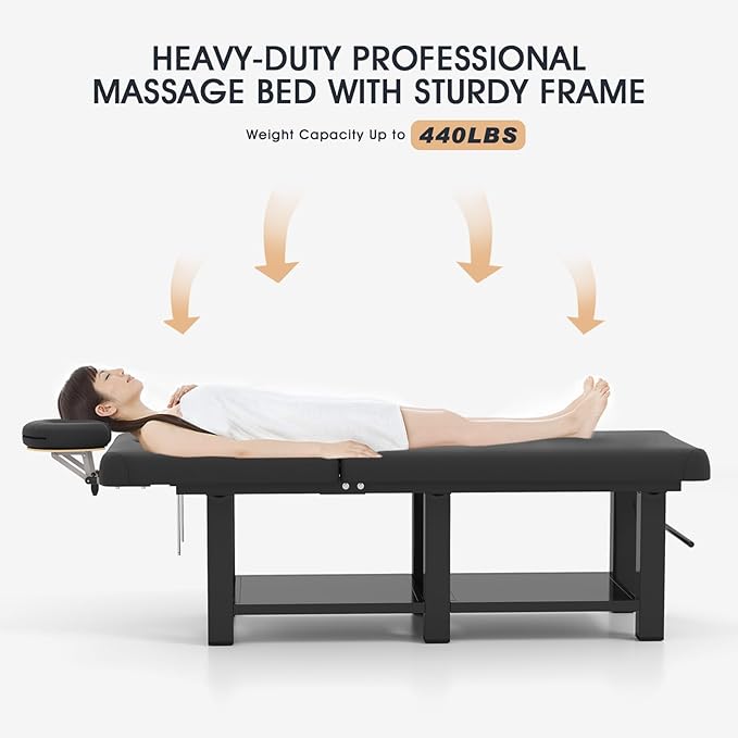 Heavy Duty Wide Stationary Massage Table Metal Frame PU Leather Spa Facial Professional Adjustable Massage Bed with Open-Chest & Headrest for Treatment Physical Therapy Tatoo Salon Equipment