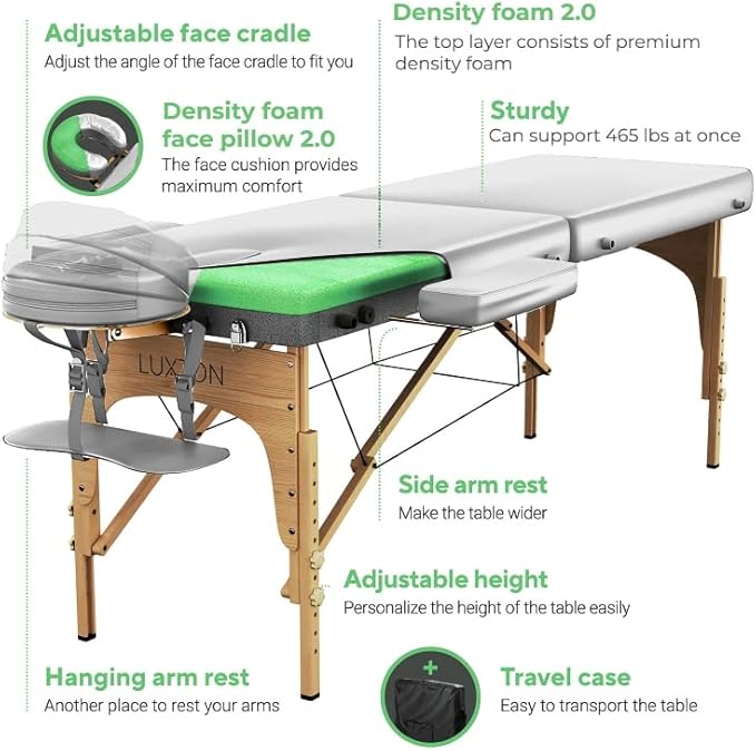 Luxton Home Premium Foam Massage Table Portable Foldable Massage Bed Height Adjustable, 72 Inches Long 27 Inches Wide Home Salon Spa Bed Tattoo Table with Accessories & Carrying Case, Easy Set Up
