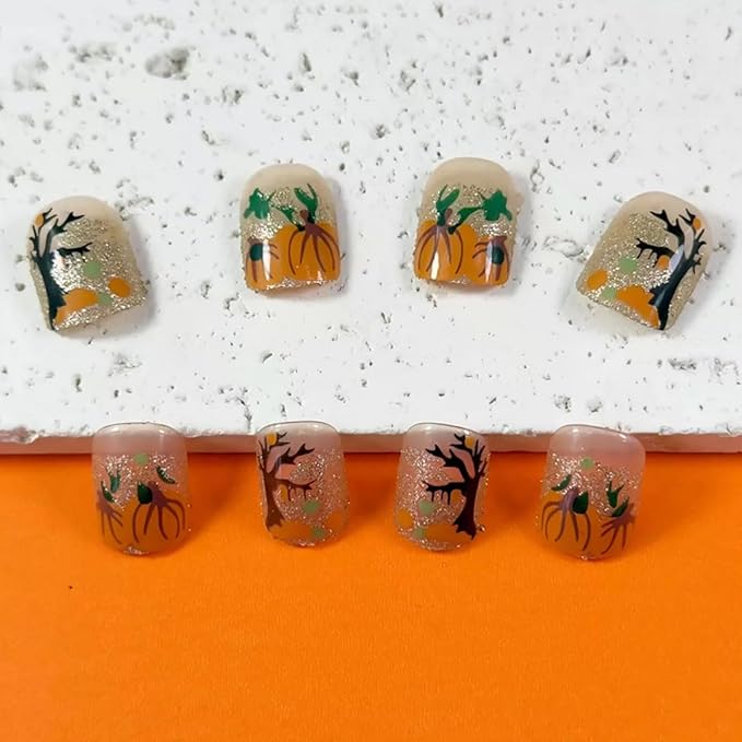 Short Square Press on Nails Halloween Fake Nails Gold Glitter False Nails Orange Pumpkin Black Tree Design French Tips Glue on Nails Fall Glossy Stick on Nail for Women Decoration Nail Art Kit