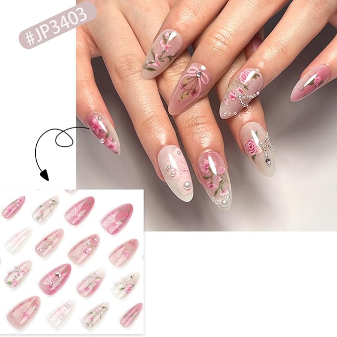 Flower Press on Nails Almond Long Fake Nails Rose Floral Leaves with Bow Pearl Design Rhinestone False Nail Gradient Stick on Nails Full Cover Glossy Glue on Nail for Women Decor Manicure Kit