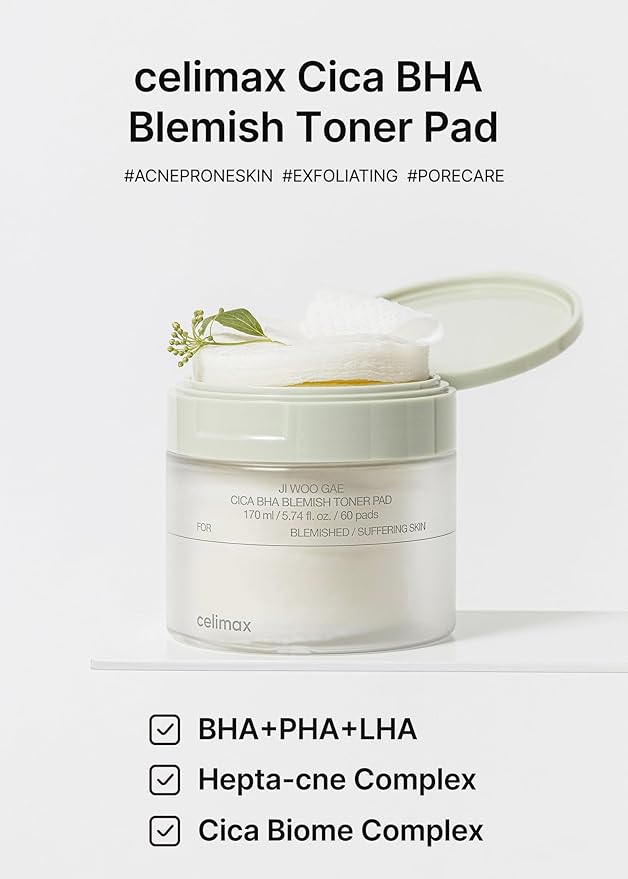 celimax Ji.Woo.Gae CICA BHA Blemish Toner Pad | BHA PHA LHA Complex, Centella Asiatica Extract, Hydrating, Moisturizing, Soothing, Reparing, (60 Pads)