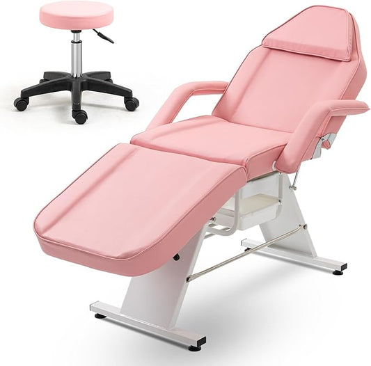 Tattoo Chair Facial Bed with Two Trays Esthetician Bed Adjustable Folding Salon Bed with Hydraulic Stool Massage Bed for Professional Massage Facial Lash Beauty Treatment Spa Pink