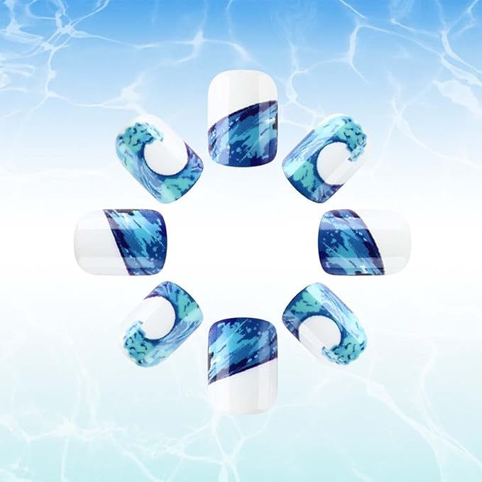 Square Press On Nails Short Fake Nails Summer False Nails With Sea Design Full Cover Acrylic Artificial Nails Glossy Glue On Nails Stick On Nails For Women Manicure 24pcs