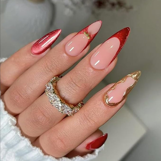 Press on Nails Almond Fake Nails Red French Tip False Nails Press ons with Gold Line Design Medium Acrylic Nails Glossy Full Cover Glue on Nail for Women Manicure 24Pcs