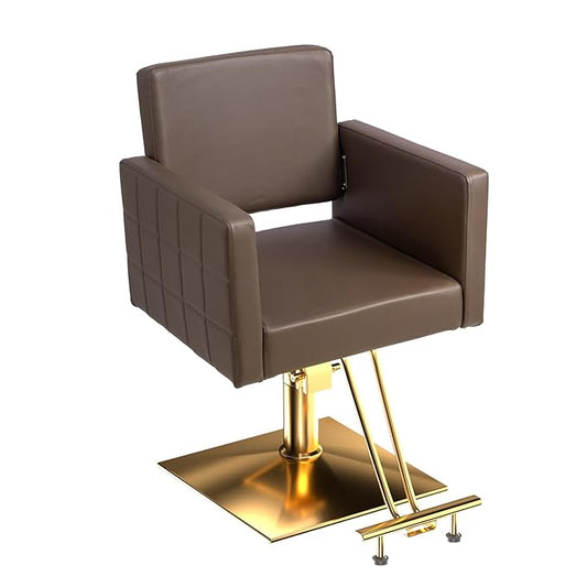 mefeir Brown and Gold Barber Chair Hair Salon Chair with Heavy Duty Hydraulic Pump, Square Base, Stainless Steel Footrest,Styling Chair for Beauty Spa Hairdressing Braiding