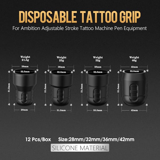 Ambition Soldier 42MM Disposable Tattoo Grips - 12Pcs Professional Tattoo Rubber Grip Cover with Click Adjust System Supply for Rotary Soldier, Zetton, Torped & Shura Tattoo Pen Machine Gun