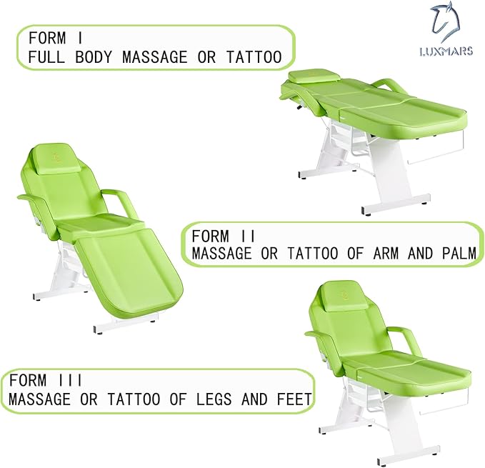 Facial Chair Tattoo Chair Massage Table 73 Inch Spa Salon Facial Bed Adjustable Spa Bed Professional Facial Beauty Spa Salon Equipment with Spa Stool Green