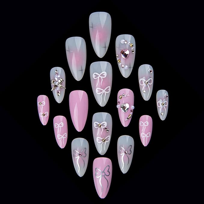 24Pcs Handmade Press On Nails Fake Nails with 3D Diamond Designs French Press on Bow False Nail Full Cover Rhinestones Love Stick on Nails For Women Medium Almond Nail Tips Set