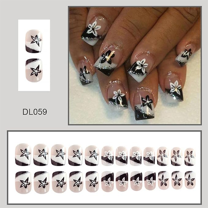 24Pcs French Tip Press on Nails Short Square Fake Nails with Black White Design Flower False Nails Full Cover Artificial Glue on Nails Nude Stick on Nails Spring Summer Nail Supplies for Women Tips