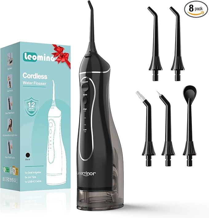 Leominor Water Flosser Pick for Teeth, 300ML Portable Oral Irrigator Upgraded Tank Removable,IPX7 Waterproof, Rechargeable Travel Teeth Cleaner, Professional Electric Flossing Machine (Black)