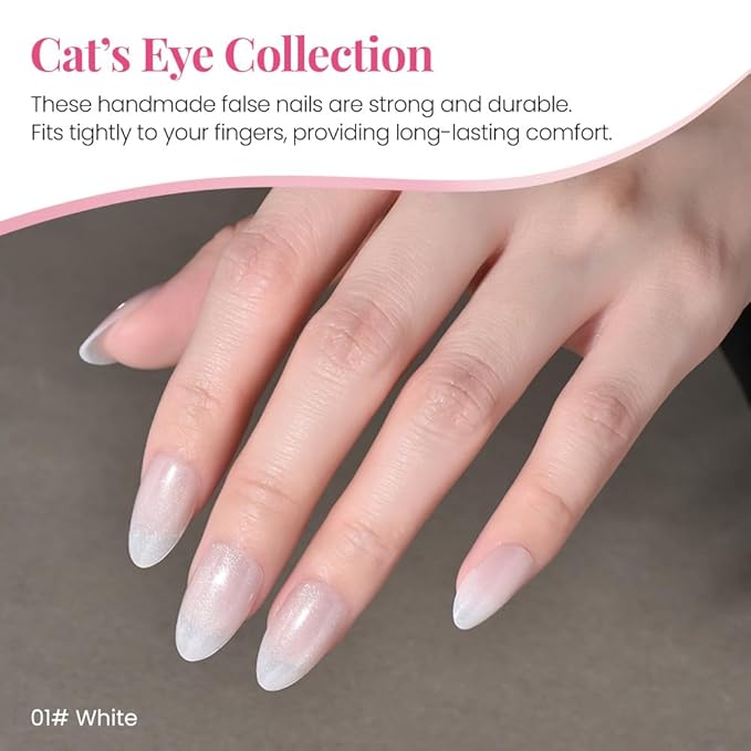 Cat Eye Press on Nails Almond Short, Cat Eye Stick on Nails Press on, Pearl White Nude Pink Glitter Short Almond Press Glue on Nail, Fake Nails Press ons with glue 60Pcs Reusable Acrylic Fake Nail Kit