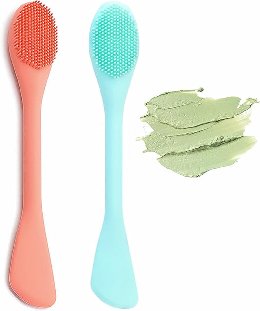 Silicone Face Mask Brush, Soft Facial Cleansing Scrubber, 2 Pcs Double-End Facial Mask Brush for Mud, Clay, DIY, Skincare Applicator Tools (Orange and Green)