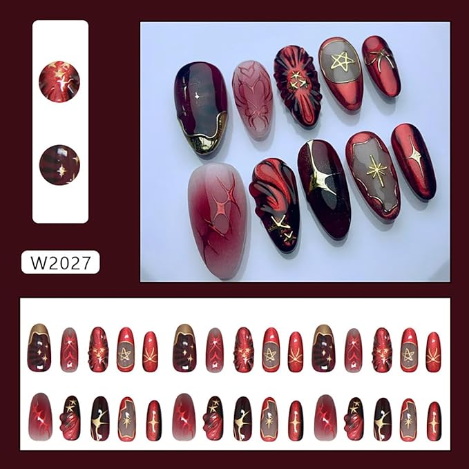 24Pcs Y2k Press on Nails Medium Almond French Tip Fake Nails Dark Red Full Cover Glue on Nail 3D Ripple Artificial Nails Stick on Nail Gold Star False Nails for Women Acrylic Manicure Decorations