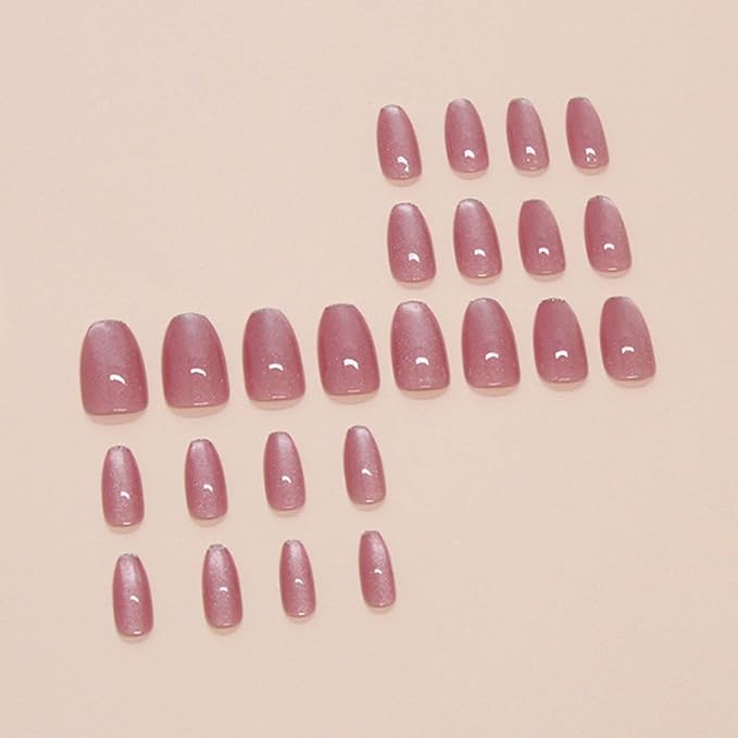 Hkanlre Coffin Press on Nails Pink Fake Nails Tips Full Cover Almond False Medium Cat Eyes Nails for Women 24PCS