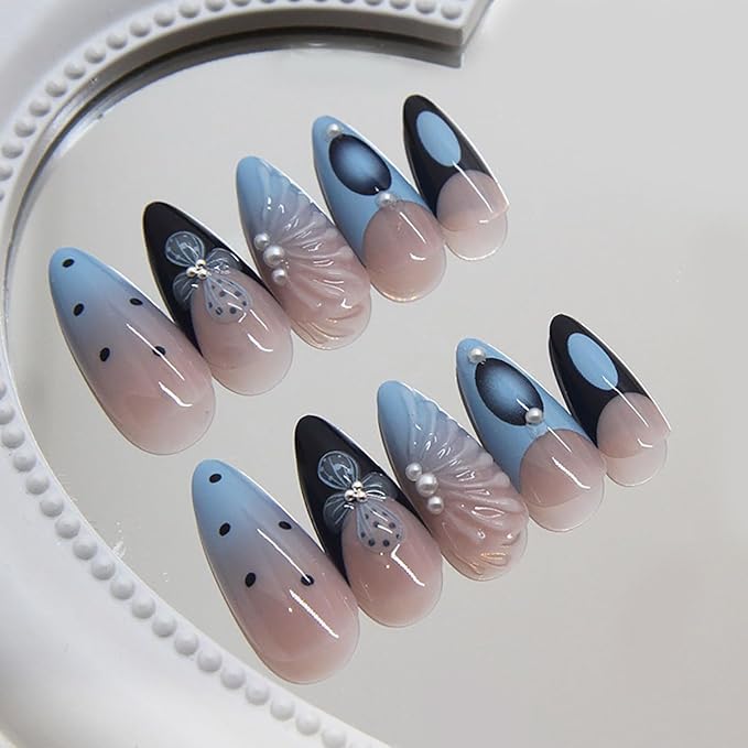 Flower Press on Nails Long Almond Fake Nails French Tips False Nails Blue Polka Dots 3D Floral Design Pearl Water Ripple Glue on Nails Full Cover Reusable Stick on Nail for Women Decor Nail