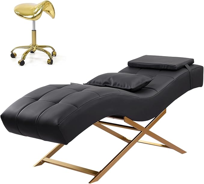 TATARTIST Lash Bed Professional Eyelash Extension Bed Comfortable Curved Cushion Treatment Table Beauty Salon Spa Massage Table for Lash Technicians (Black+Salon Stool)