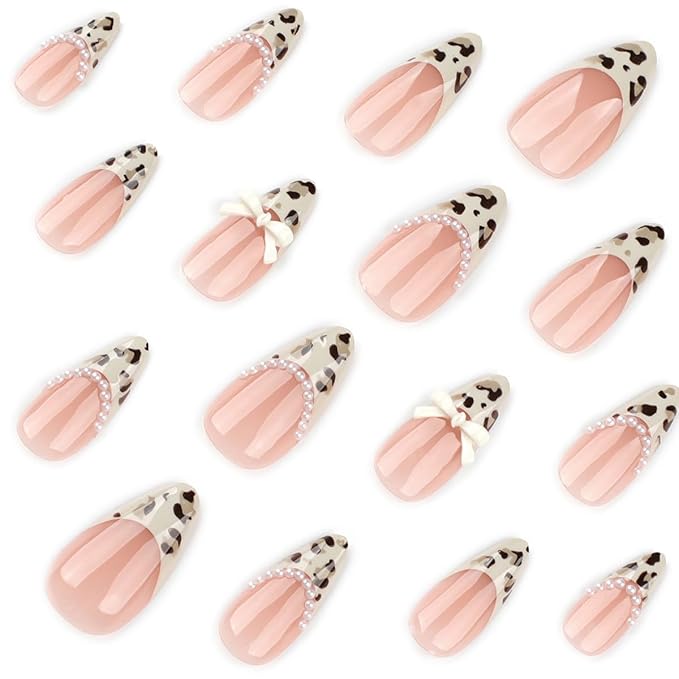 24Pcs Leopard Print French Tip Press on Nails Medium Almond Fake Nails Bow Glue on Nail 3D Pearl Gems Cute False Nails French Stick on Nail Bow Artificial Acrylic Nails for Women Daily Manicure Decor