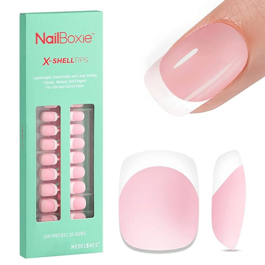 modelones French Tip Press on Nails, 150Pcs Extra Short Square Fake Nails with Nail Box, Pink Gel Nail Tips for Women, Soft Glue-On Nails for Natural Salon Look, DIY Nail Art Kit (15 Sizes)