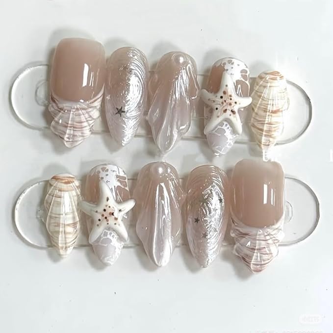 30Pcs Summer Shell Press on Nails Medium Almond Fake Nails with 3D Starfish Star Pearl Design White Brown French Tip Acrylic Nails False Nails Ombre Full Cover Stick on Nails for Manicure DIY