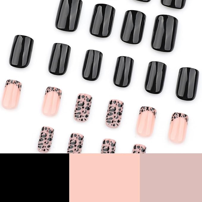 Leopard French Tip Press on Nails Short Square Shape Fake Nails Glossy Black and Pink Leopard Print Design Glue on Nails Full Cover Artificial Nails Short Stick on Nails for Women Girls, 24Pcs