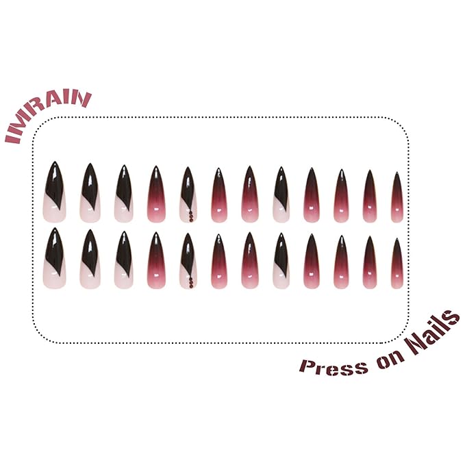 IMRAIN Press on Nails Long Stiletto Fake Nails Purple Gradient French Tips False Nails with Rhinestone Designs Glossy Gel Almond Full Cover Artificial Stick on Nails 24Pcs