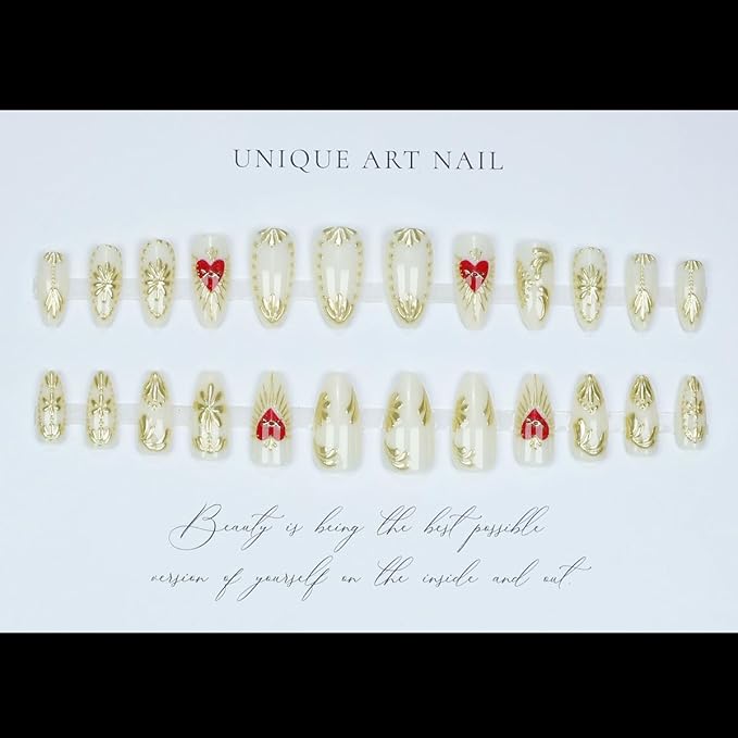 Press on Nails Medium Almond Fake Nails 3d Gold Chrome Flower Acrylic Nails with Red Heart Designs Glossy White Glue on Nails Full Cover Artificial Stick on Nails for Women Manicure 24Pcs