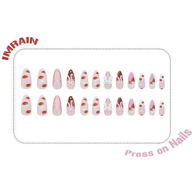 IMRAIN Medium Press on Nails Almond Fake Nails Leopard Print French Tips False Nails with Pink Bow & Red Lipstick Designs Glossy Glue on Nails Full Cover Stick on Acrylic Nails for Women Girls