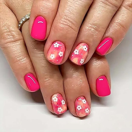 Spring Press On Nails Short Square Fake Nails Flower With Ombre Design Rose Pink False Nails Summer Glue On Nails Acrylic Full Cover Artificial Nails Stick On Nails For Women Manicure 24pcs