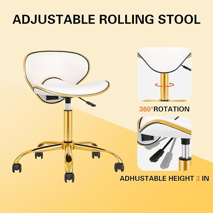 Adjustable Nail Tech Chair Rolling Stool with Backrest, Salon, Lash, Nail Tech and Hair Stylist, Massage Tattoo Facial Stool with Wheels-White